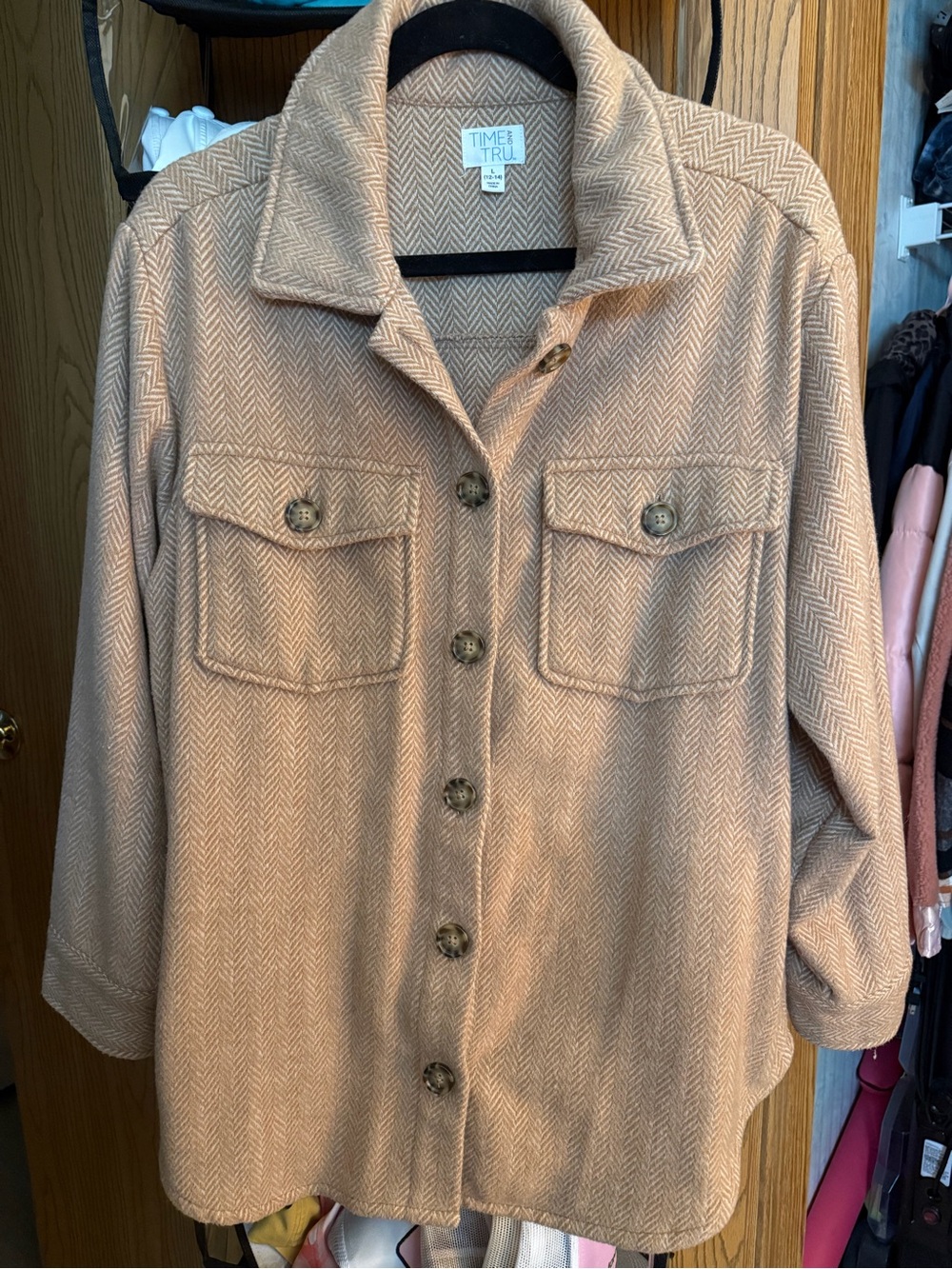 Time and Tru Tan Herringbone Button-Front Shacket